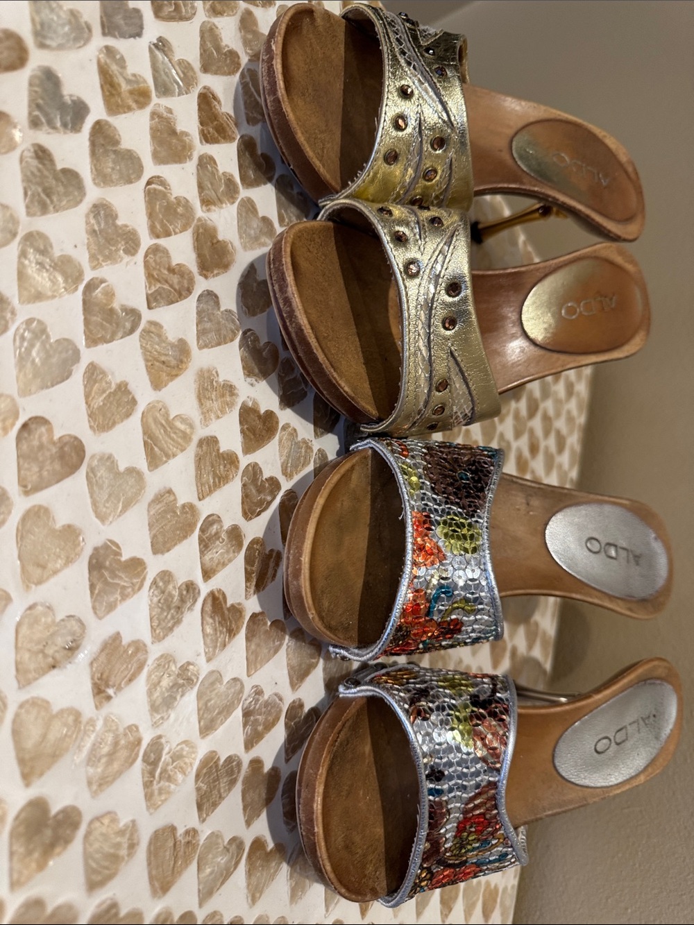 ALDO Gold and Multicolor Sequin Slide Heels